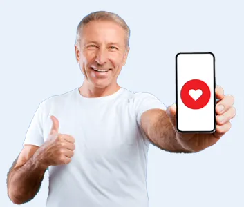Happy customer showing a phone